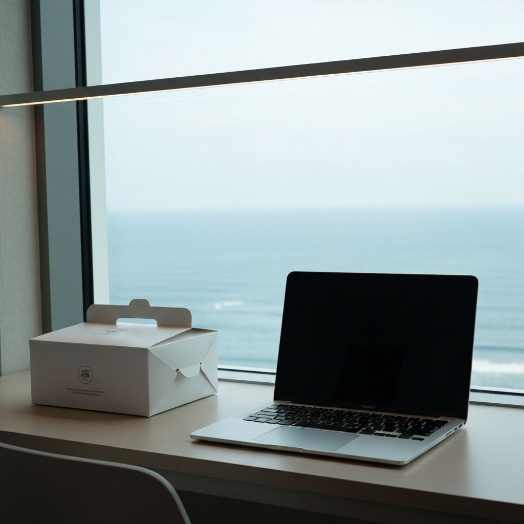 Meal box by laptop at window